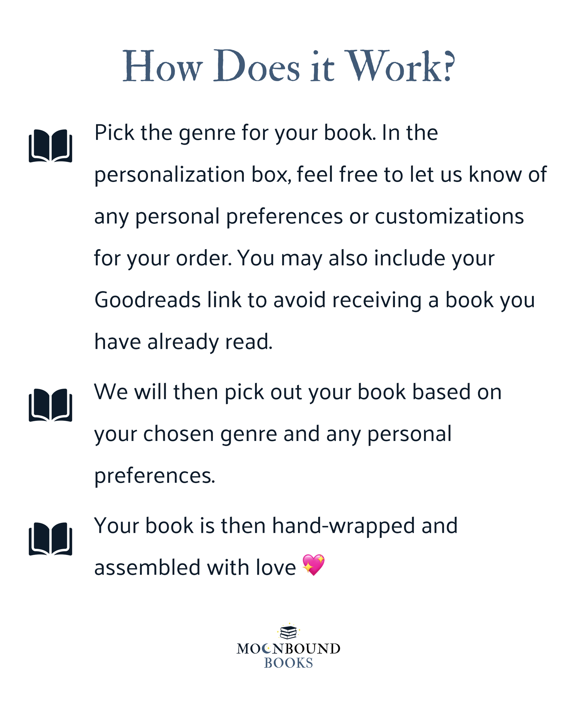 How Does it Work? Pick the genre for your book. In the personalization box, feel free to let us know of any personal preferences or customizations for your order. You may also include your Goodreads link to avoid receiving a book you have already read. We will then pick out your book based on your chosen genre and any personal preferences. Your book is then hand-wrapped and assembled with love.