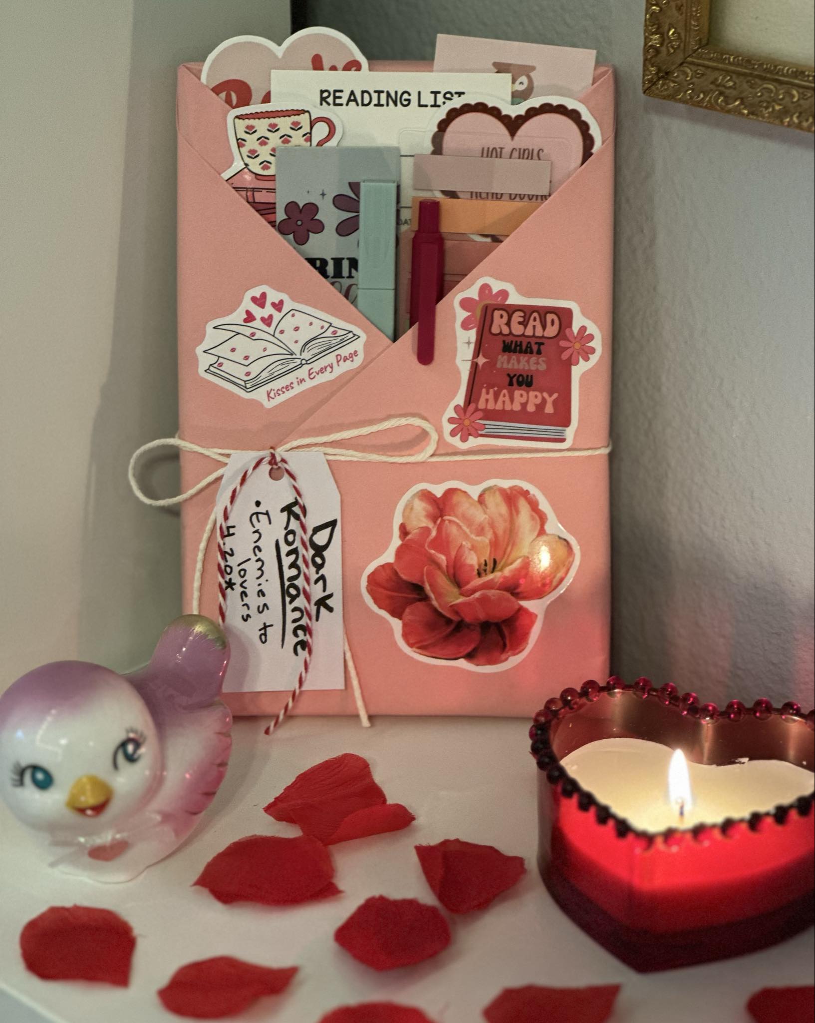 Pink wrapped dark romance blind date with a book and bookish accessories